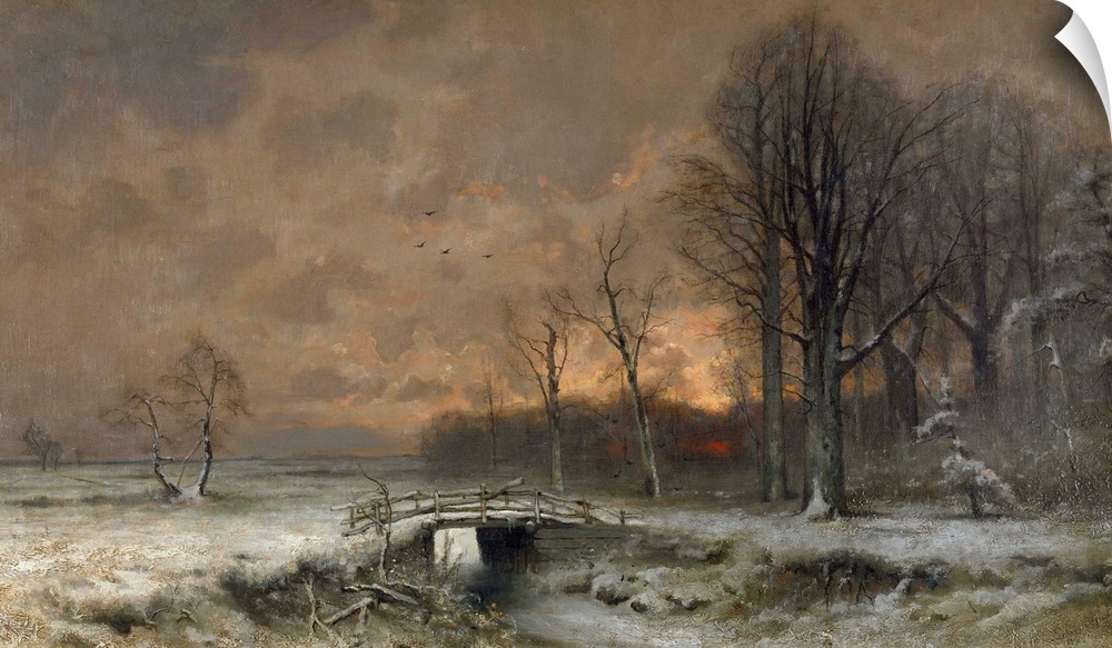 Winter Scene with the Sun Setting Behind Trees, Louis Apol, c. 1890-20. Wooden bridge near a meadow bordered by woods.