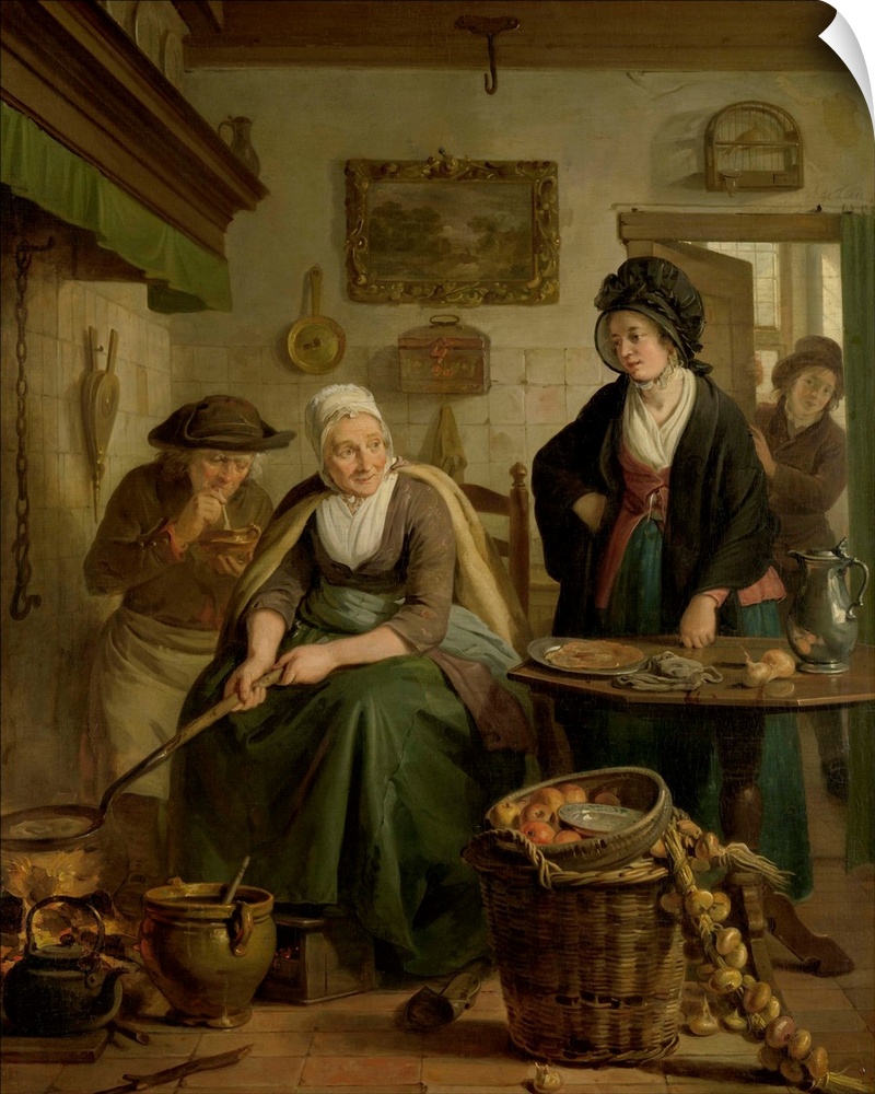 Woman Baking Pancakes, by Adriaan de Lelie, 1790-1810, Dutch painting, oil on panel. Cooking scene at hearth as a women ho...