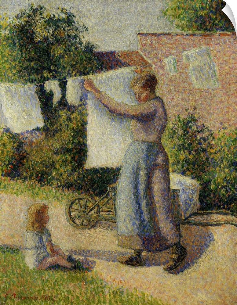 Camille Pissarro, French School. Woman Hanging up the Washing. Oil on canvas, 0.41 x 0.32 m. Paris, musee d'Orsay. c715, P...