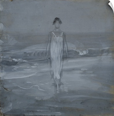 Woman in White Dress Walking at Water's Edge by the Sea, 1910