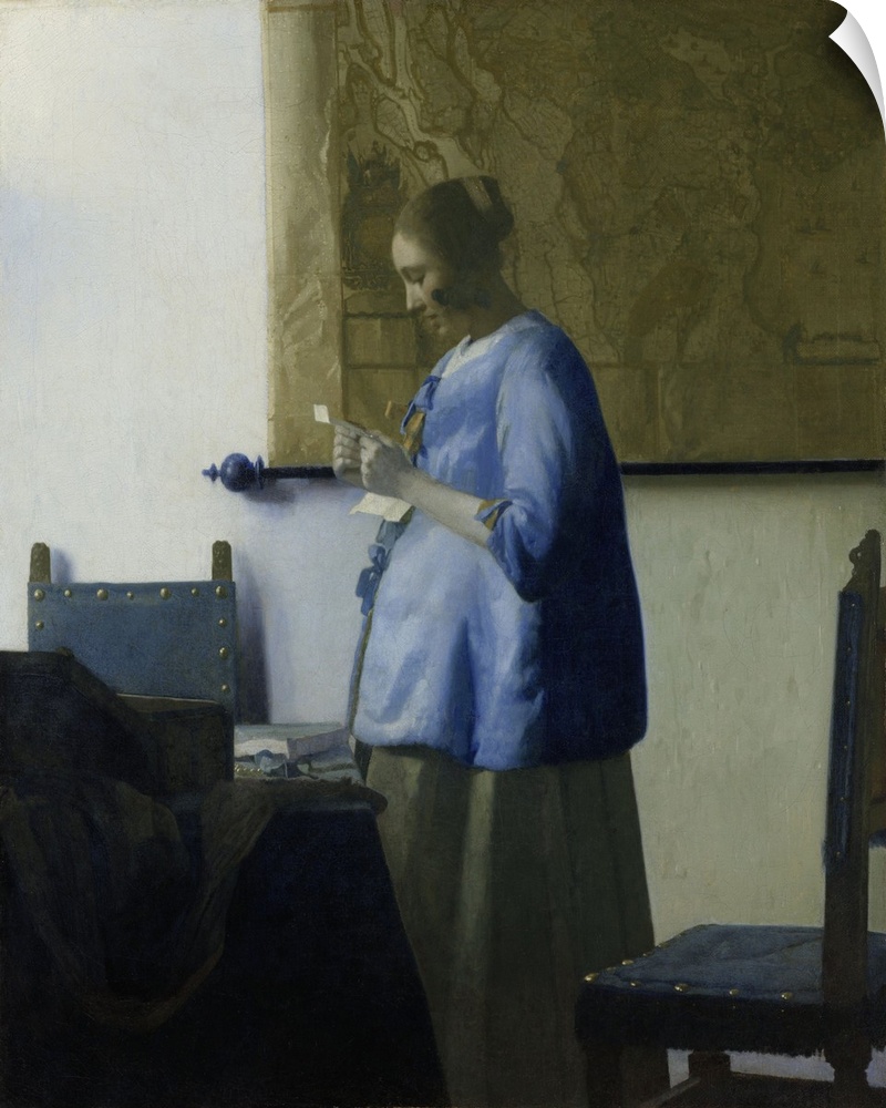 Woman Reading a Letter, by Johannes Vermeer, 1663, Dutch painting, oil on canvas. A young woman in a blue jacket, stands b...