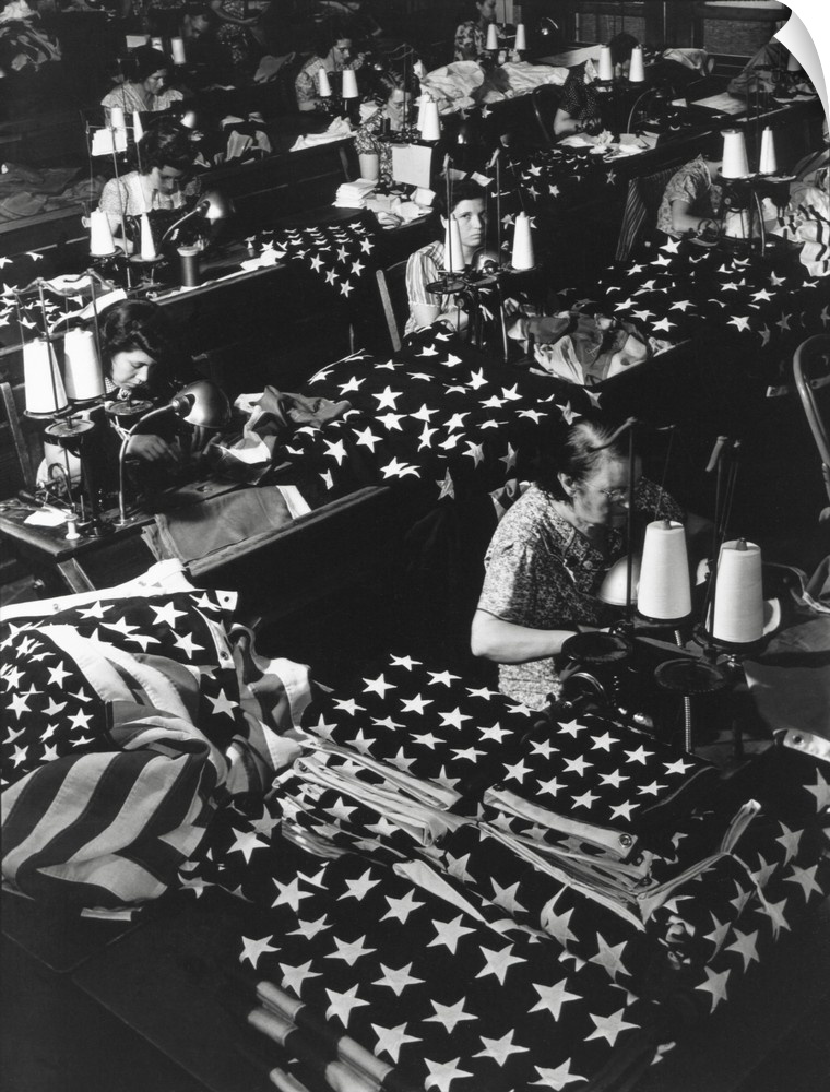 Women sewing American Flags in Brooklyn, New York City on July 24, 1940. Photo from the Records of Naval Districts and Sho...