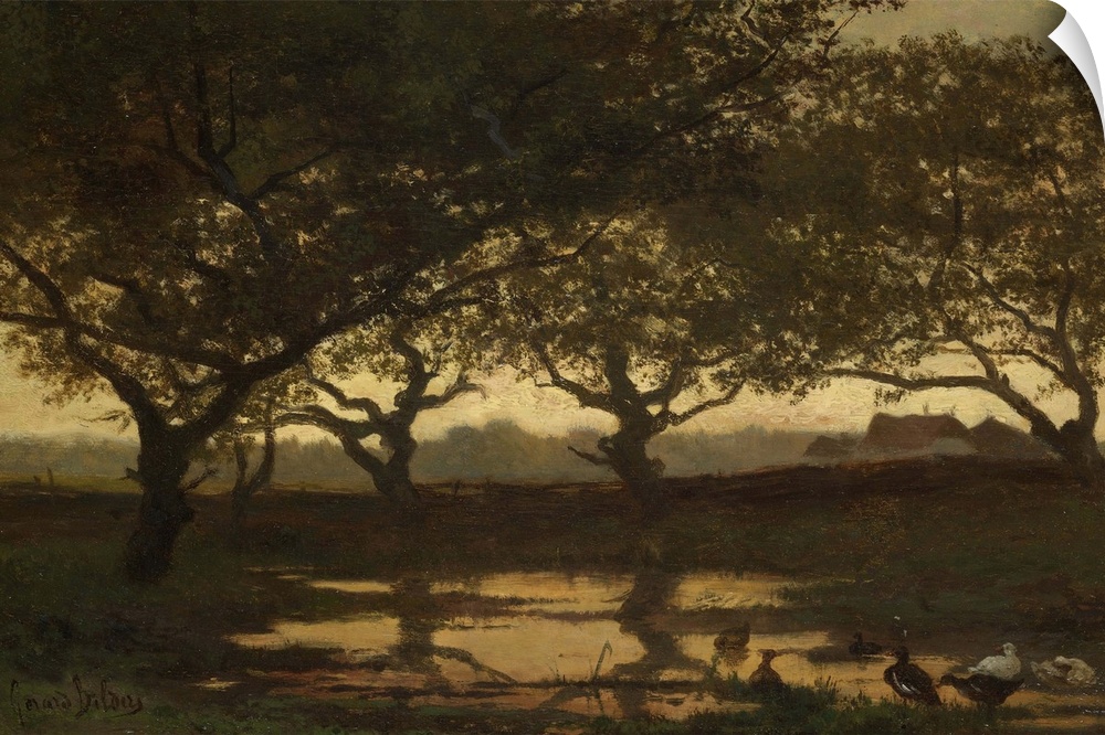 Woodland Pond at Sunset, by Gerard Bilders, c. 1862, Dutch painting, oil on panel. Trees at sunset in the vicinity of Loch...