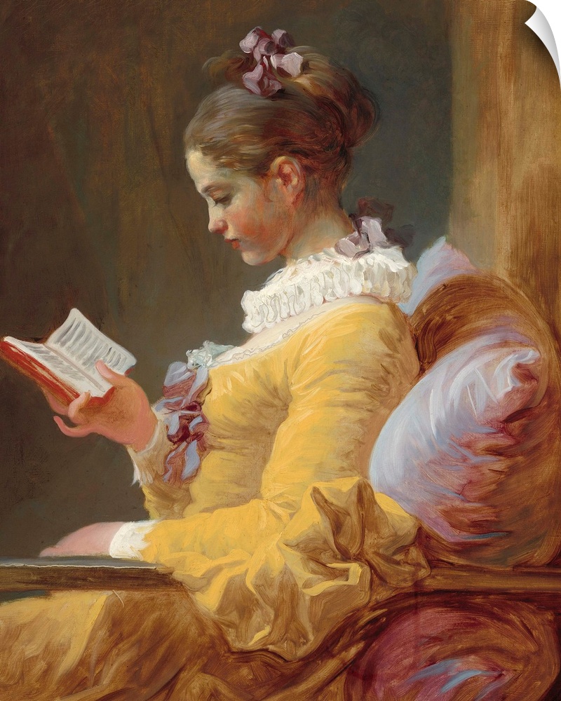 Young Girl Reading, by Jean-Honore Fragonard, c. 1770, French painting, oil on canvas. The girl's dress and cushion are pa...