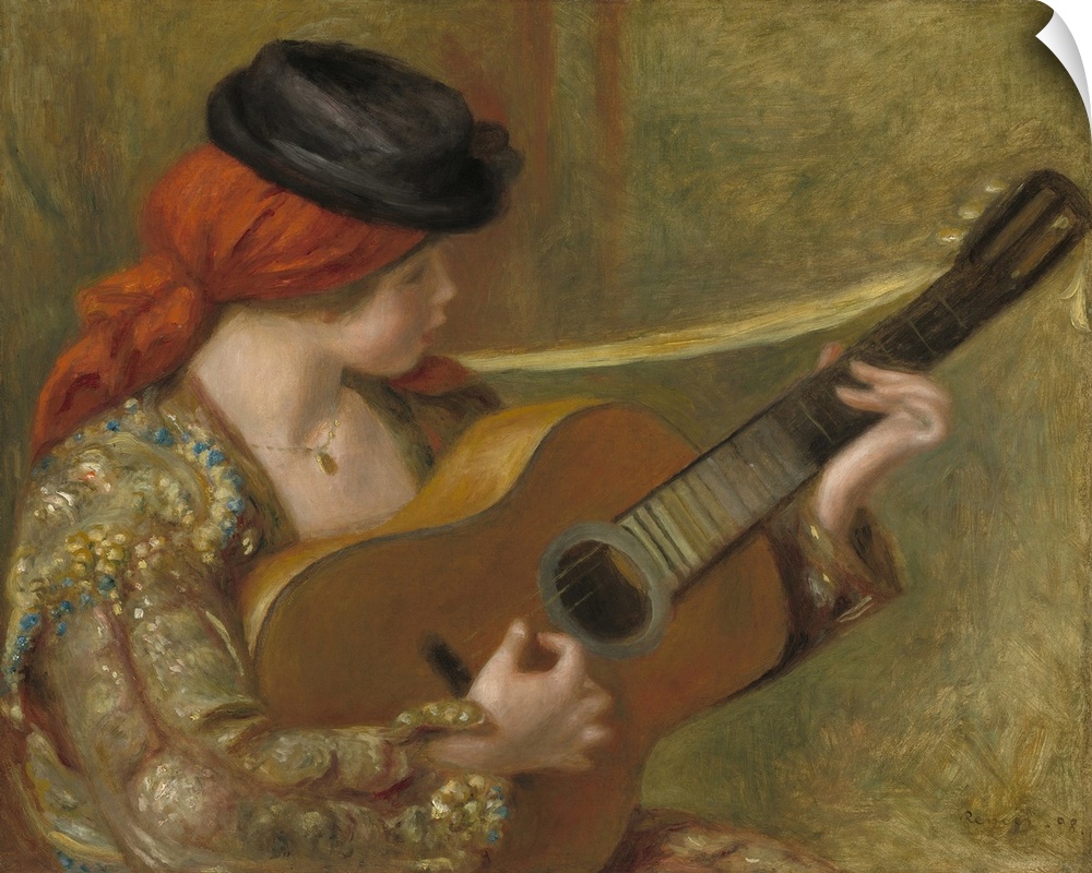 Young Spanish Woman with a Guitar, by Auguste Renoir, 1898, French impressionist painting, oil on canvas. This painting sh...