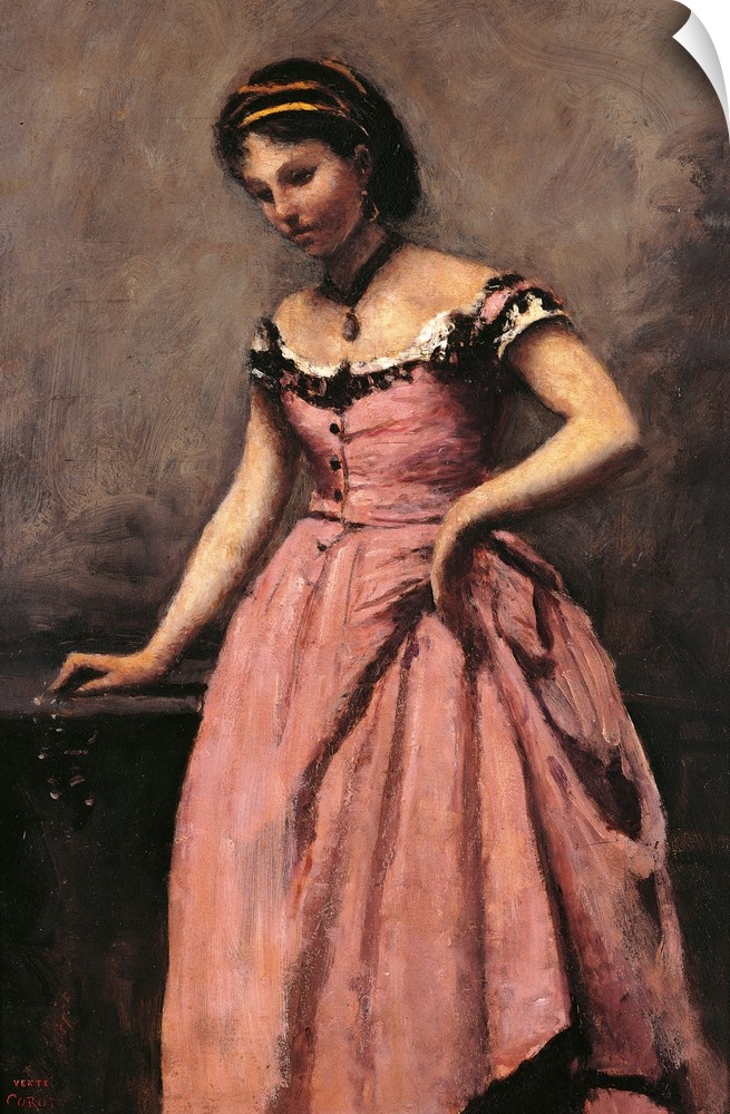 Young Woman in a Pink Dress, by Jean-Baptiste-Camille Corot, 19th Century, oil on canvas, cm 46 x 32 - France, Ile de Fran...