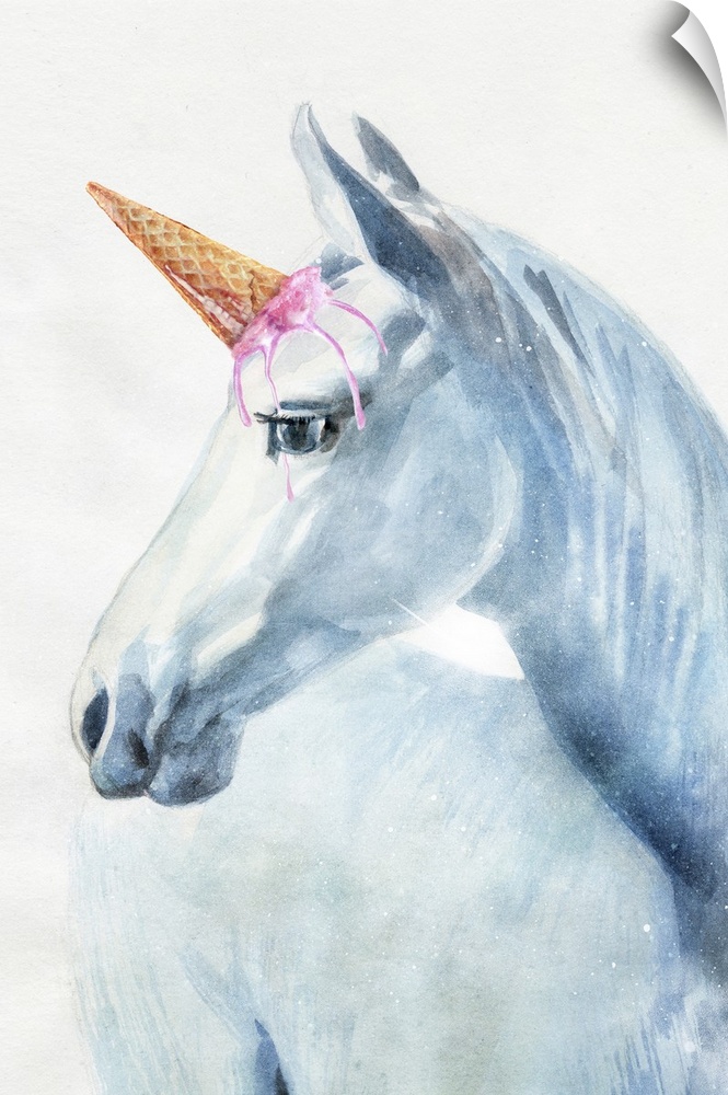 Blue watercolor painting of horse with emphasized head on white