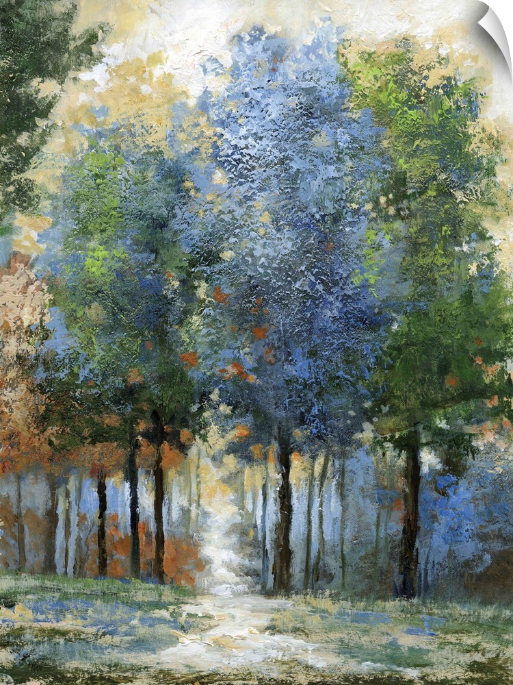 Contemporary artwork of a forest in shades of blue and green with sunlight beaming down.