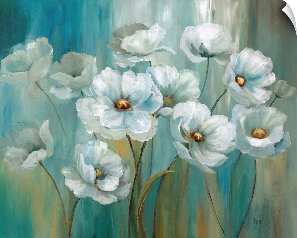 Contemporary painting of white flowers on a vertically painted blue, green, white, and gold background.