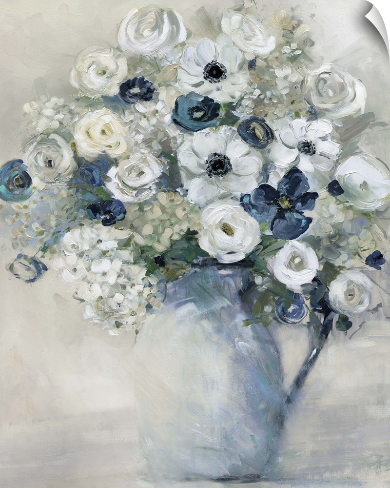 Vertical artwork of a vase full of flowers in tones of blue, grey and white.
