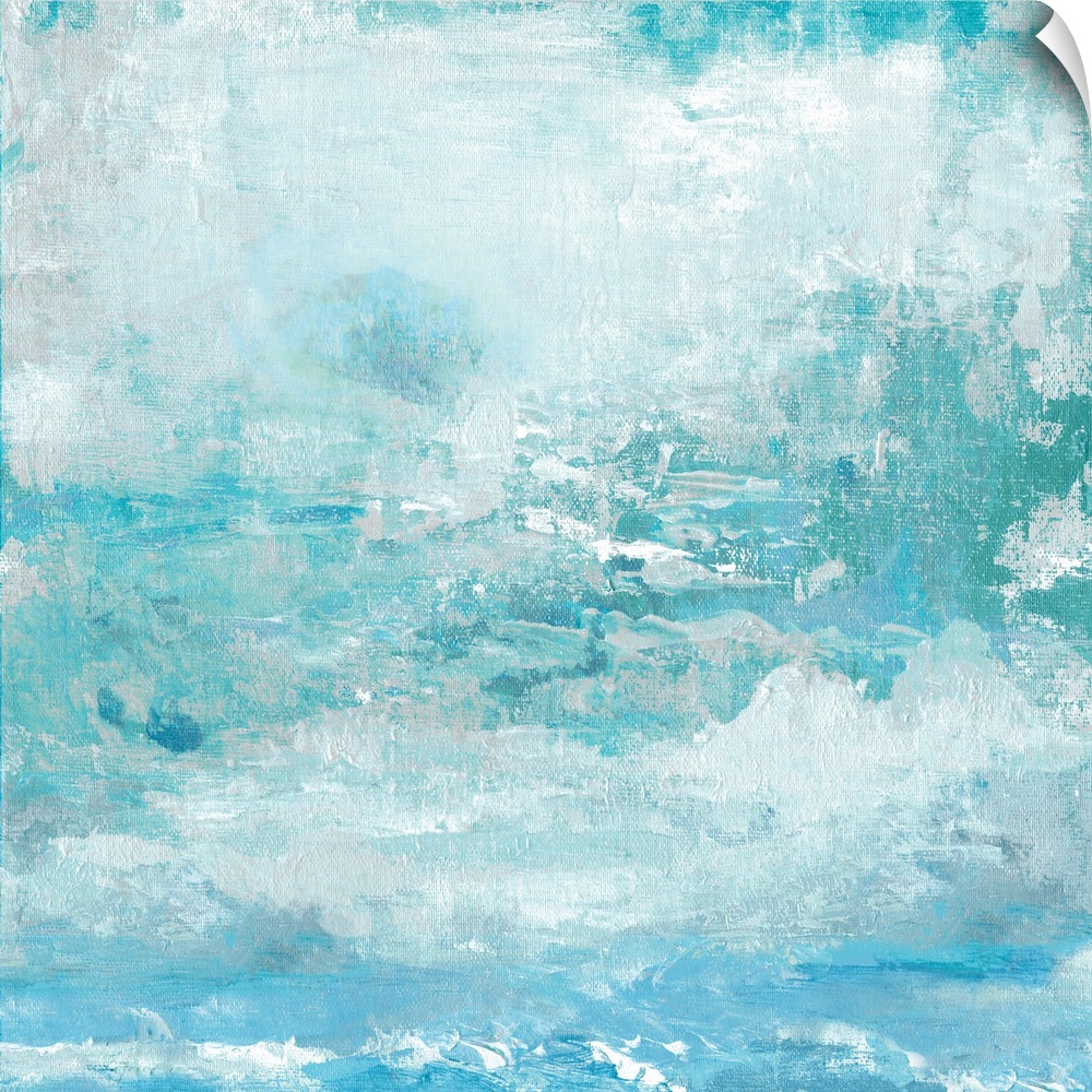Contemporary abstract painting of a serene blue sky with clouds.