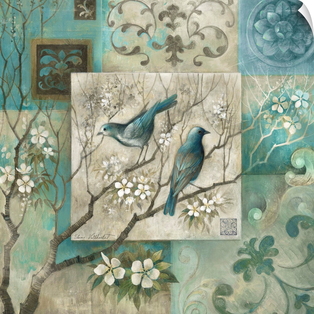 Decorative art of two birds perched on a white cherry blossom tree surrounded by a tile border embellished with damask des...