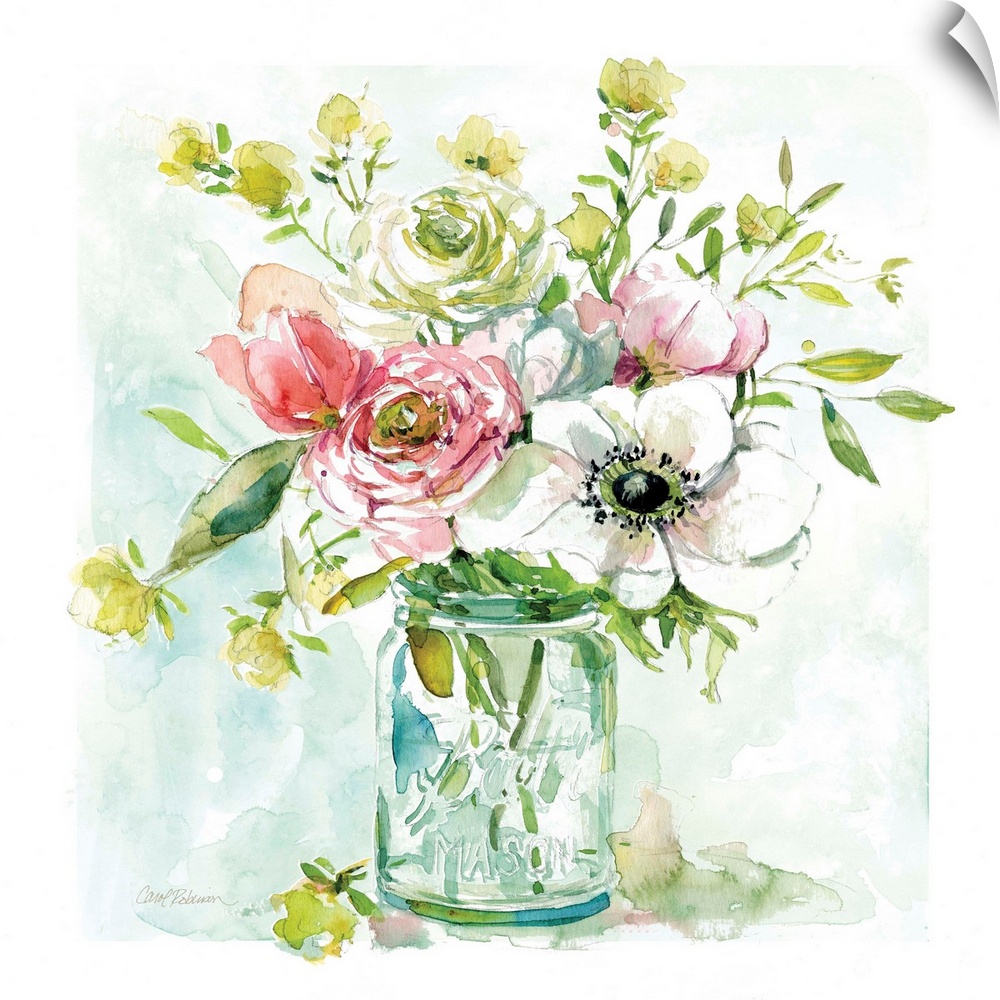 A still life watercolor of a bouquet of flowers in a mason jar.