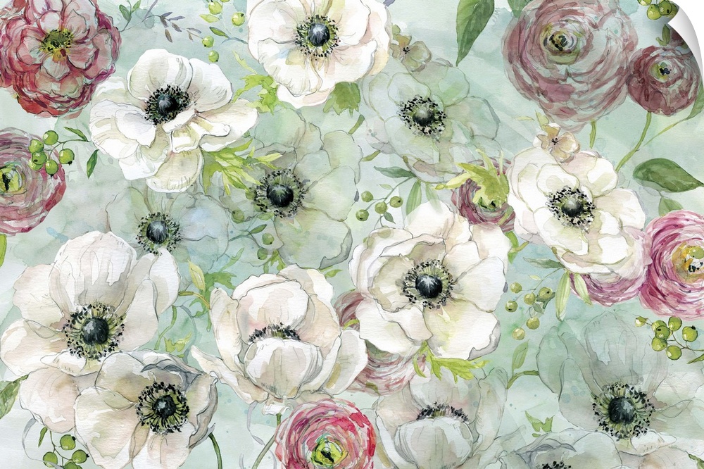 A floral watercolor painting with a light blue-green background.