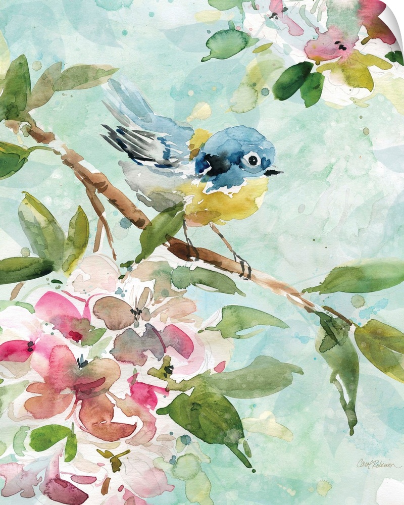 A watercolor painting of a bird perched on a branch surrounded by pink and white flowers with a light blue and green backg...