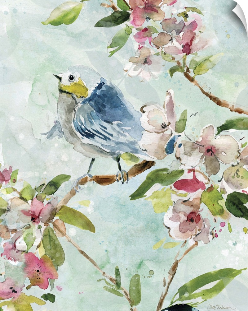 A watercolor painting of a bird perched on a branch surrounded by pink and white flowers with a light blue and green backg...