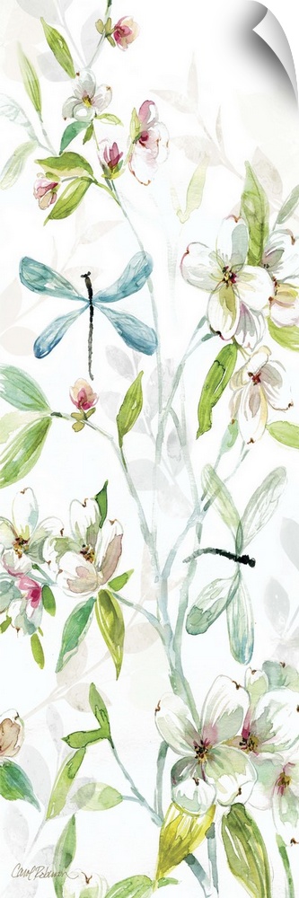 A watercolor painting of two dragonflies flying among branches covered in flowers and leaves.