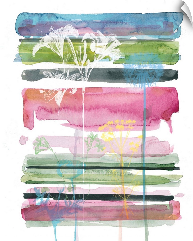 A watercolor painting of different colored horizontal brush strokes with painted silhouettes of flowers on top.