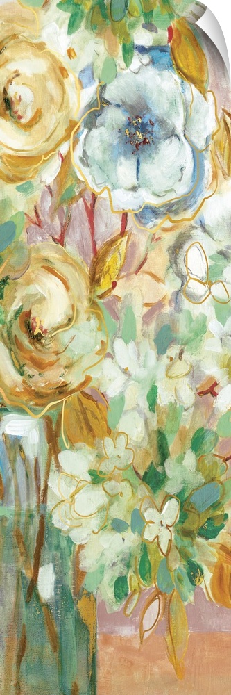 Large panel painting of colorful flowers in a vase with metallic gold outlines.