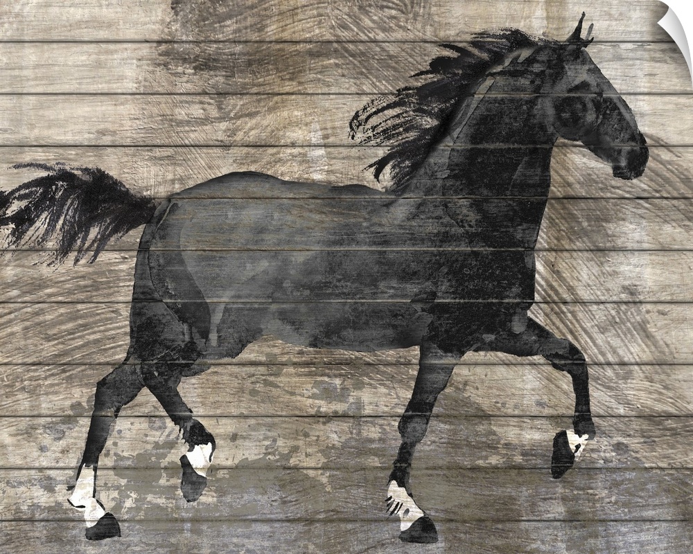 A decorative image of a black horse on a rustic wood backdrop.