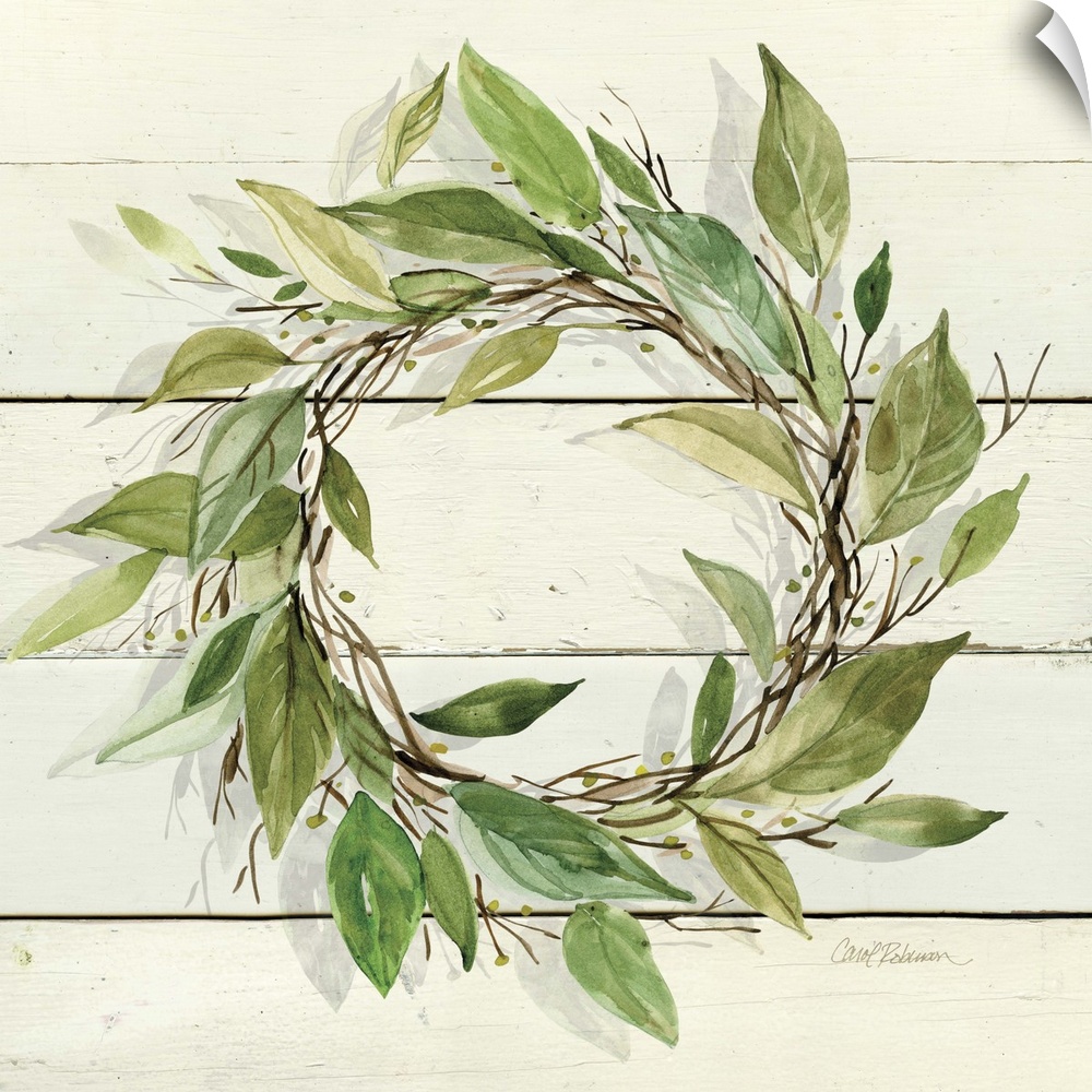 A watercolor painting of a wreath with green leaves on a wood background.