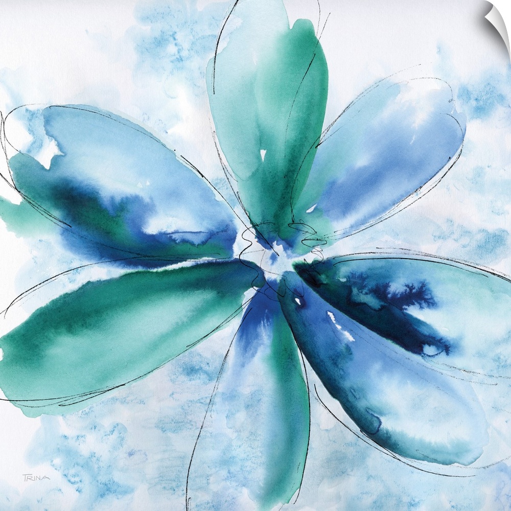 Abstract painting of a flower in blue and green tones with a thin black tracing on a square background.