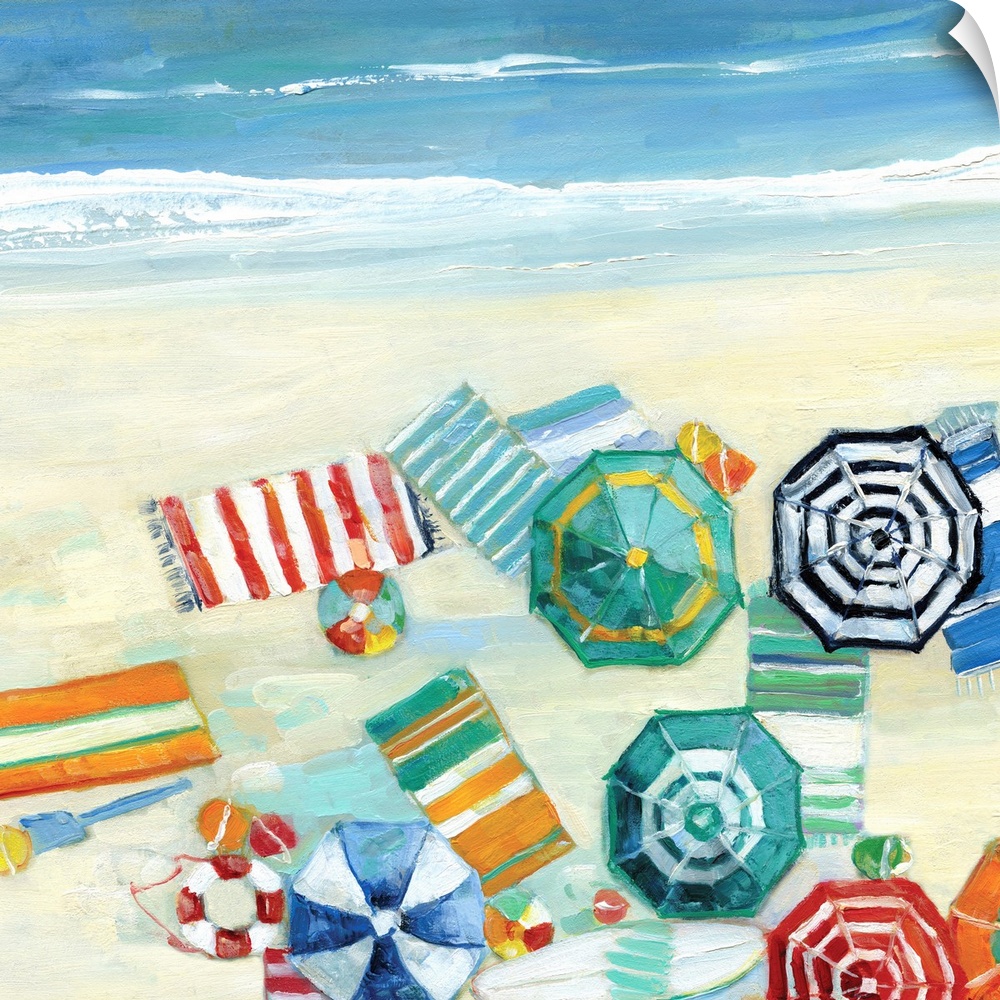 Contemporary painting of an aerial view of umbrellas, beach blankets, and other beach accessories.