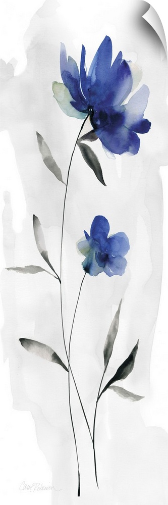 Watercolor art print of a deep blue flower on a pale grey background.