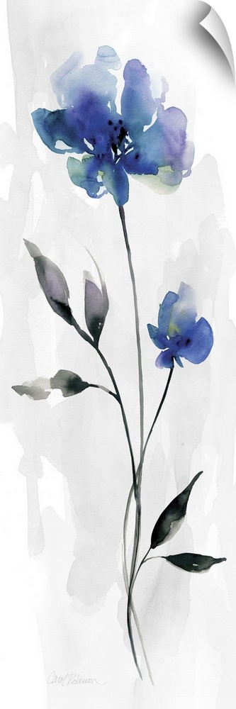Contemporary watercolor panel painting with two flowers in shades of blue, purple, and green on a white and gray backgroun...