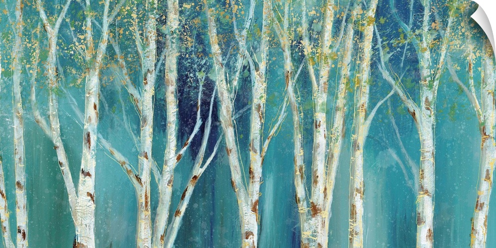 Large horizontal painting of Birch tree trunks with gold and green leaves on a background made with shades of blue.