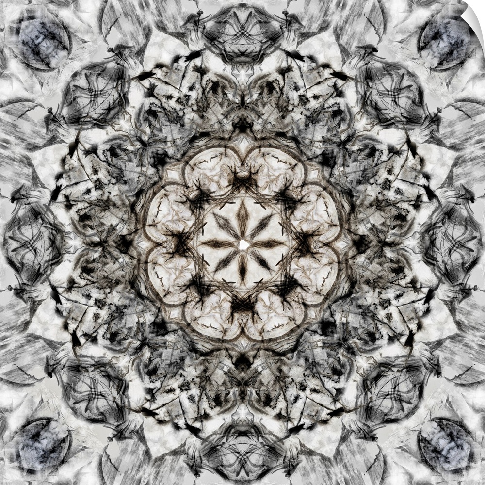 Square abstract art in black and white hues with kaleidoscope-like patterns and designs.