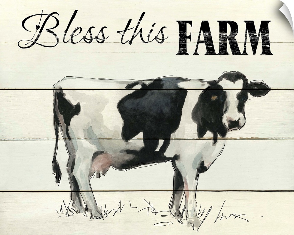 "Bless This Farm" written on the top of a faux wood background with a painting of a cow at the bottom.
