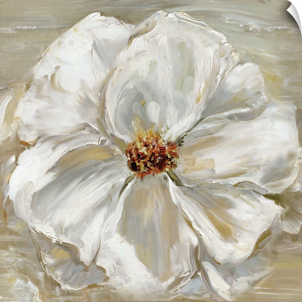 Square contemporary painting of one large white flower on a neutral colored background.
