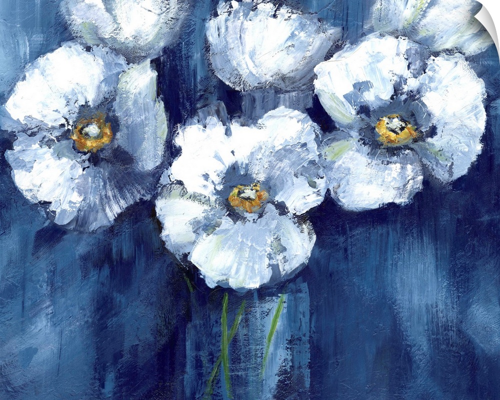 Large painting of white poppy flowers on a dark blue background.