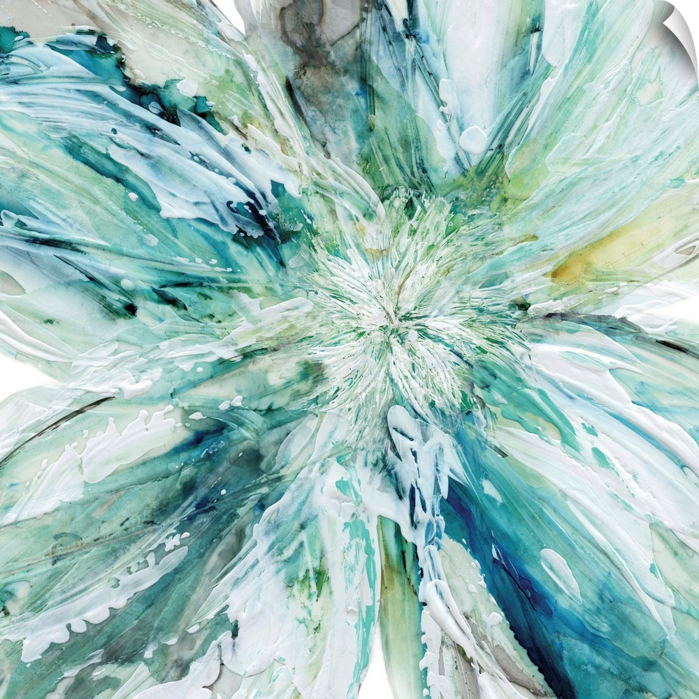 Square abstract painting of a large flower with thick layered paint in shades of blue, yellow, green, and white.