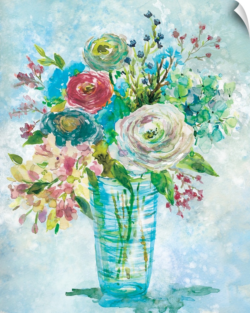 Watercolor painting of a bouquet of flowers in a clear vase.