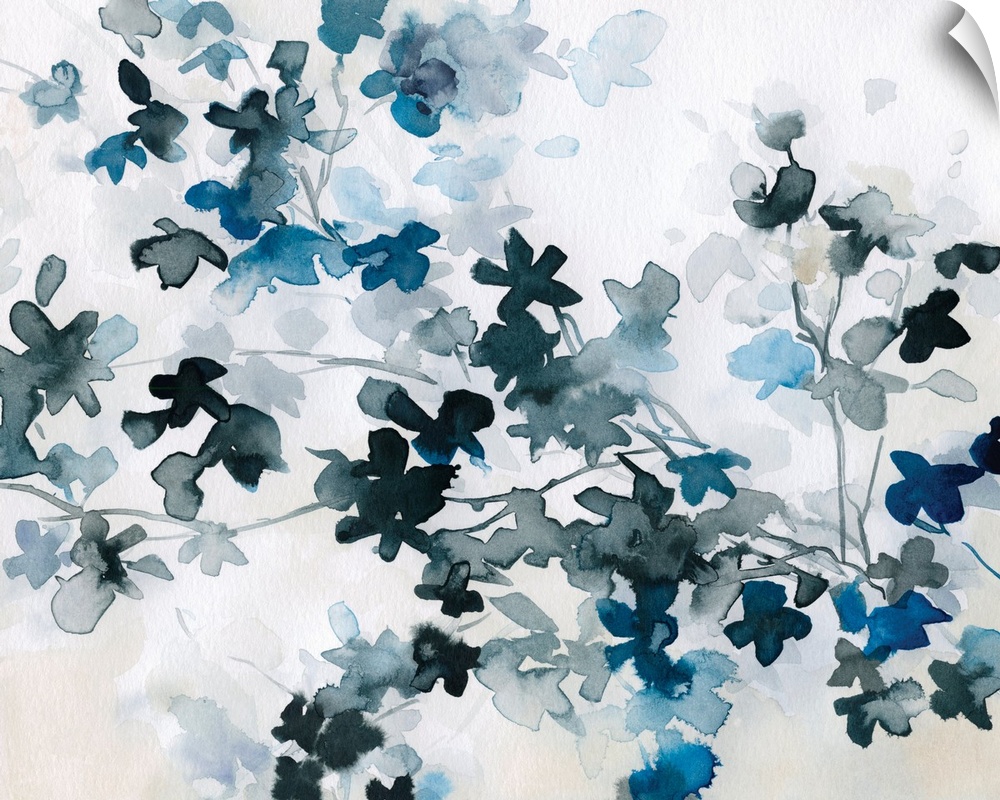 This horizontal artwork is dappled with delicate watercolor blue cherry blossoms on a white background.