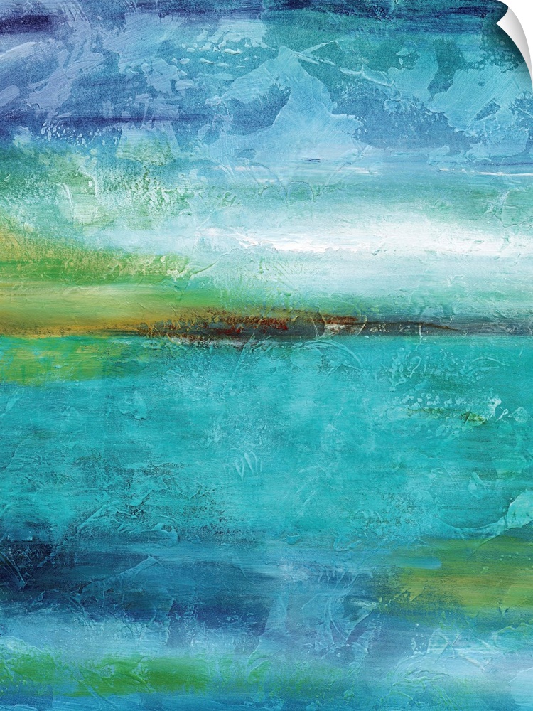 A textured abstract painting with blue, green, and yellow hues with a small hint of red in the middle.