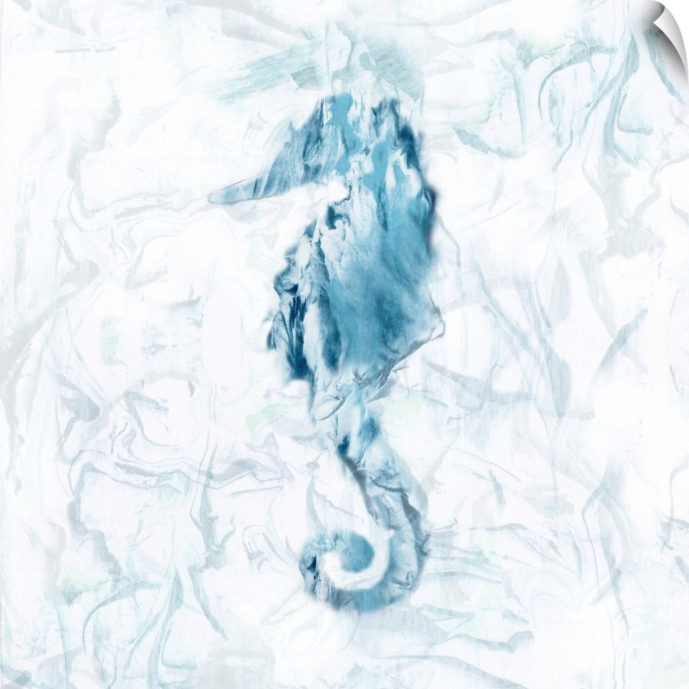 Square beach themed painting of a blue seahorse with a marbled finish and background.
