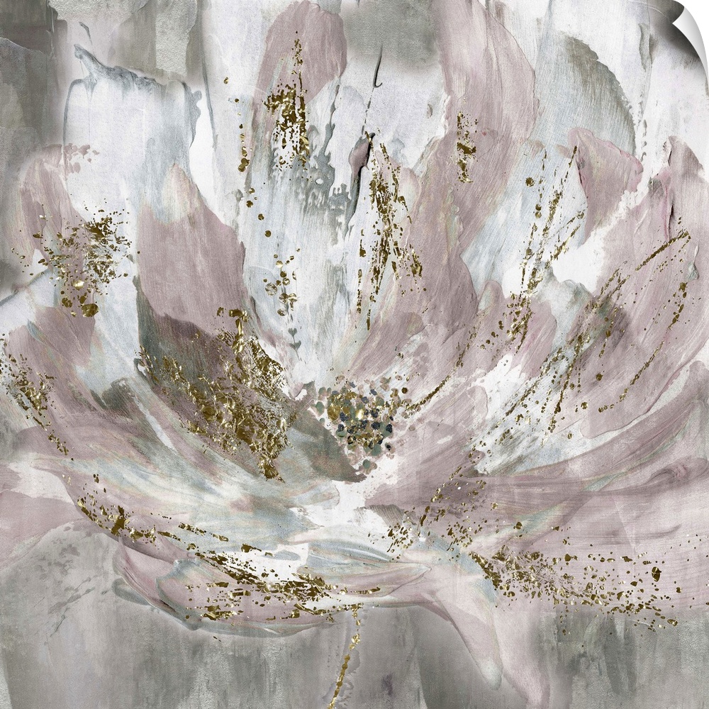 A square decorative image of a large abstract bloom in grey and pink with gold accents.