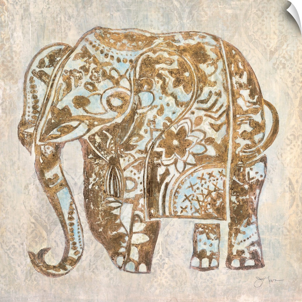 Bohemian style illustration of an elephant with floral and mandala designs.