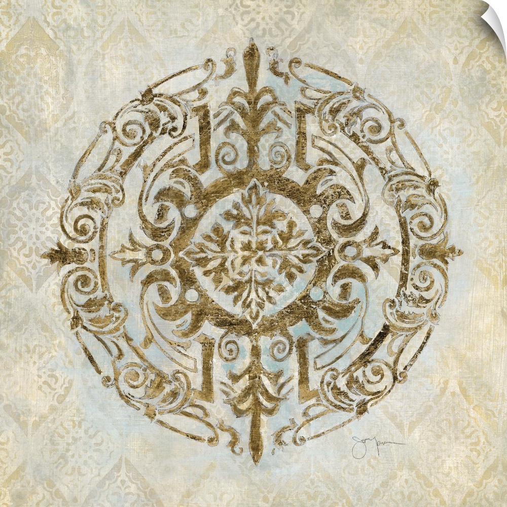 Round medallion design in a Bohemian style in shades of gold.