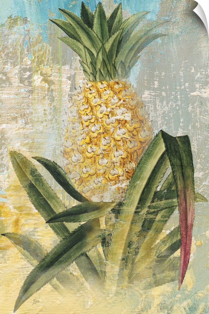 Contemporary painting of a pineapple in its natural state, growing out of the ground, with long leaves underneath.