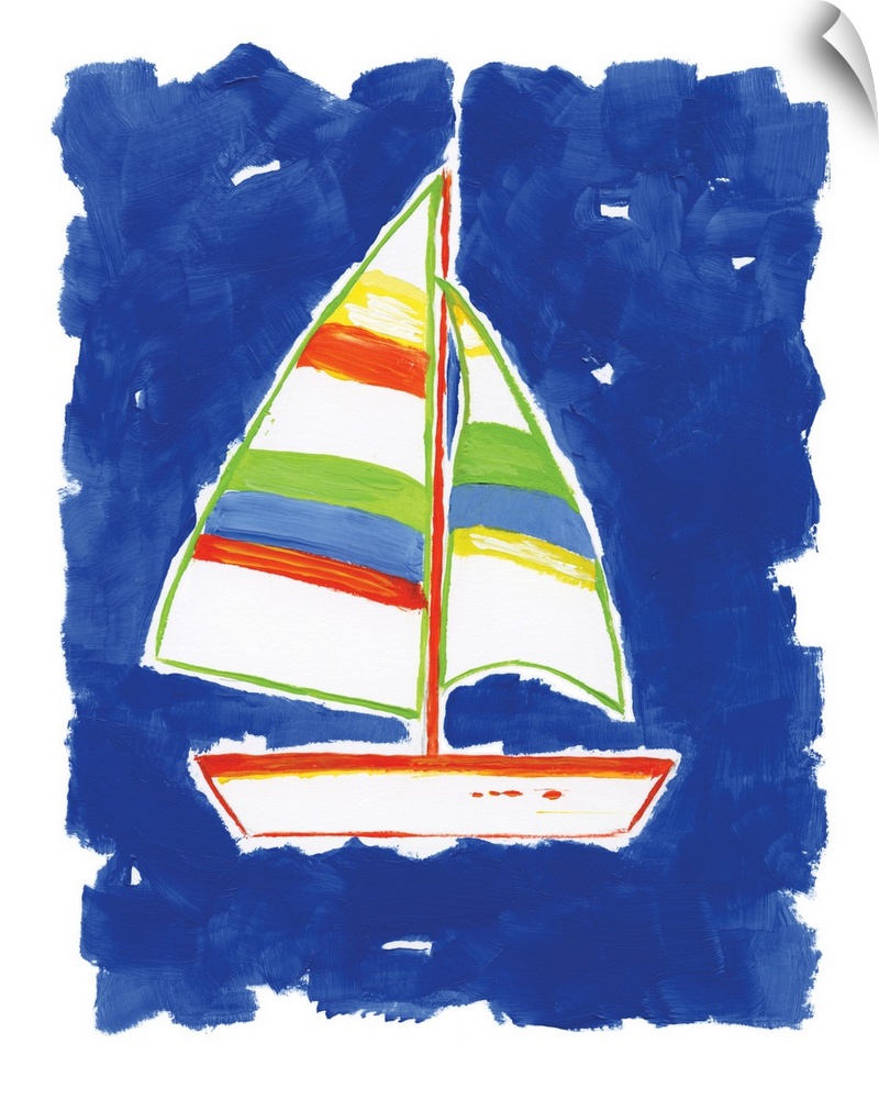 A decorative painting of a sailboat that has red, green, and yellow hues with a bright blue background.