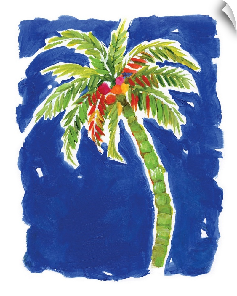A decorative painting of a green palm tree with coconuts that has hints of red, orange, yellow, and pink on a bright blue ...