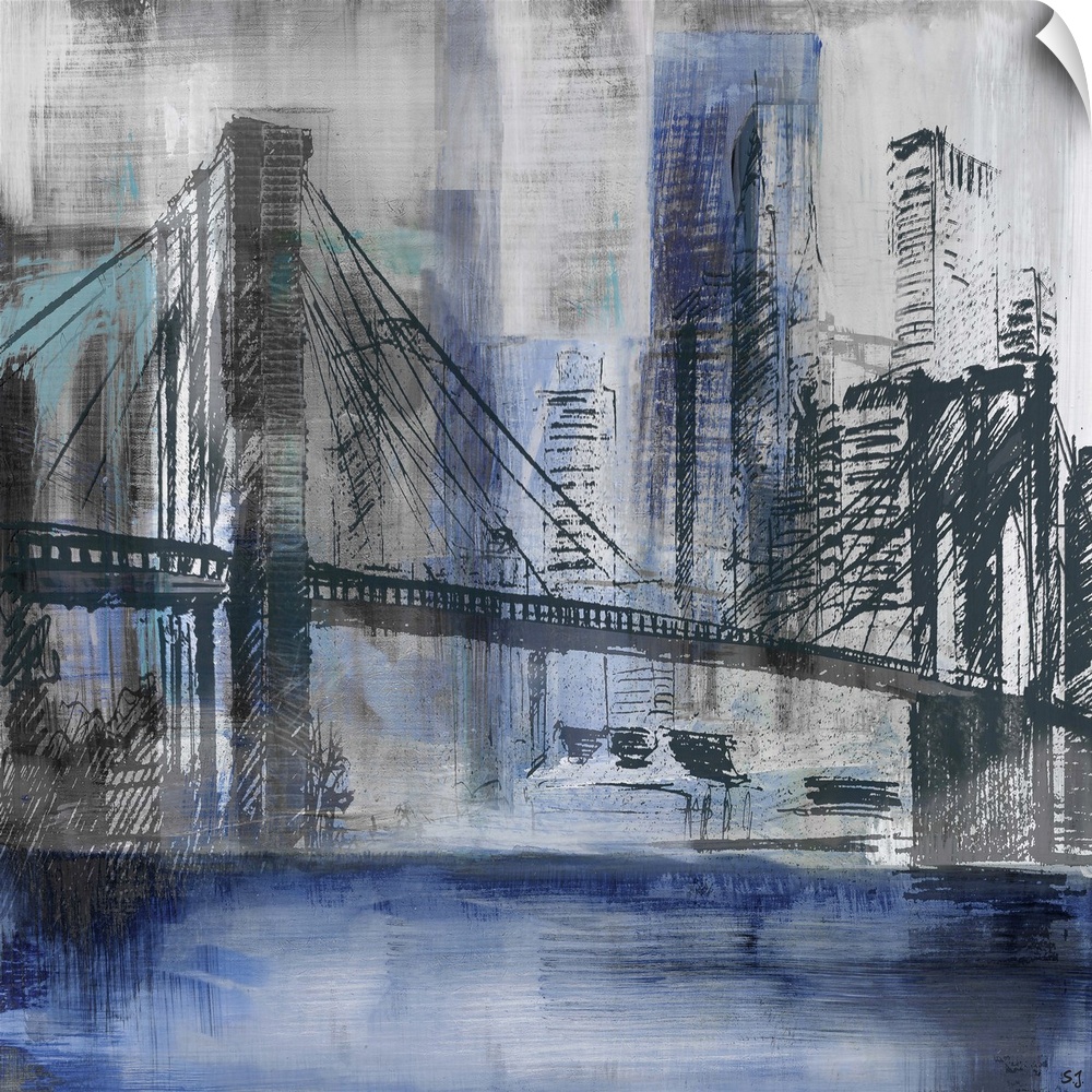 Square abstract painting of a New York City cityscape, highlighting the Brooklyn Bridge, in shades of blue and grey.