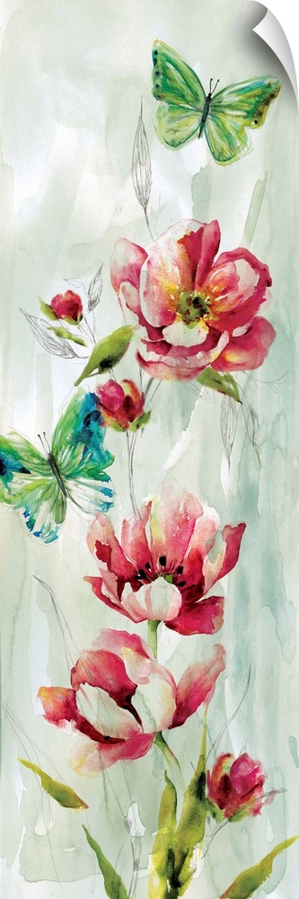 Large panel painting of dark pink flowers and red and green butterflies on a muted blue and green watercolor background.