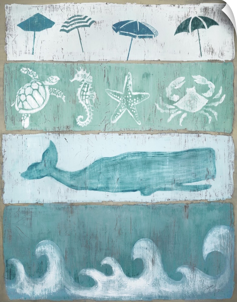 A distressed beach themed sign with various marine animals.