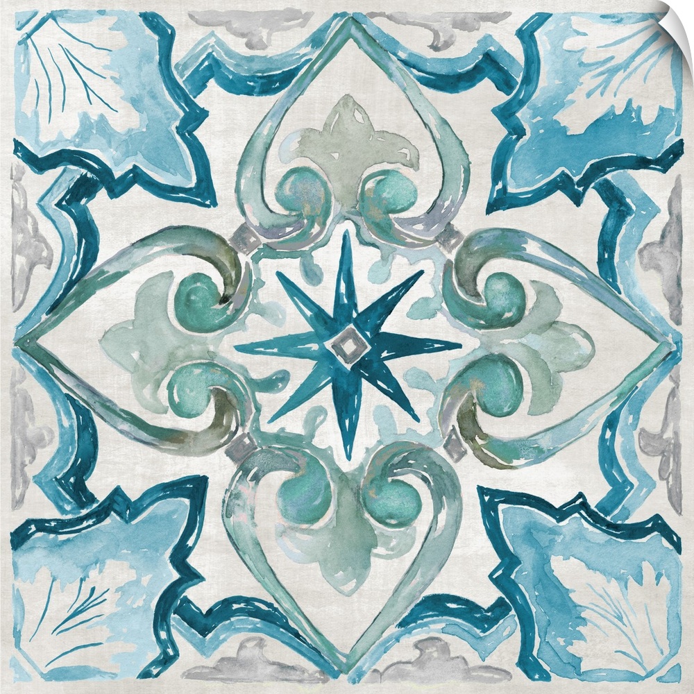 Square painting of a symmetrical tile print in blue and green.