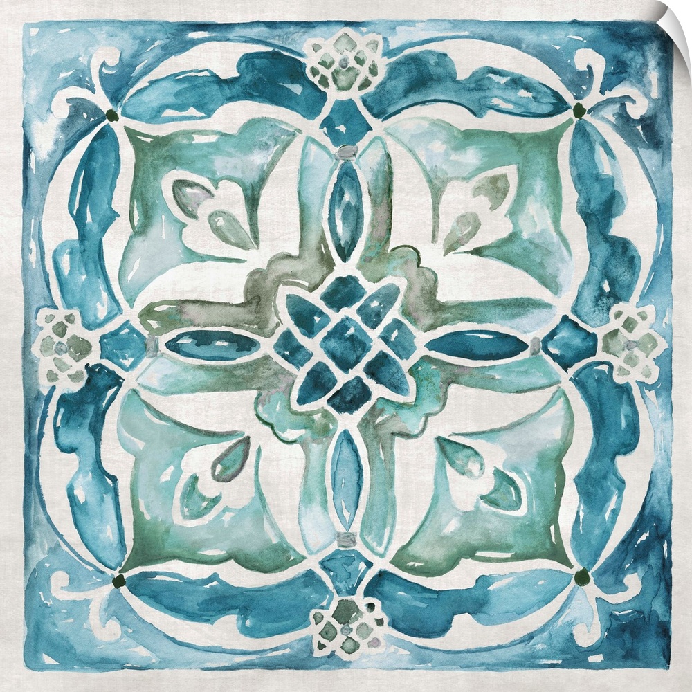 Square painting of a symmetrical tile print in blue and green.